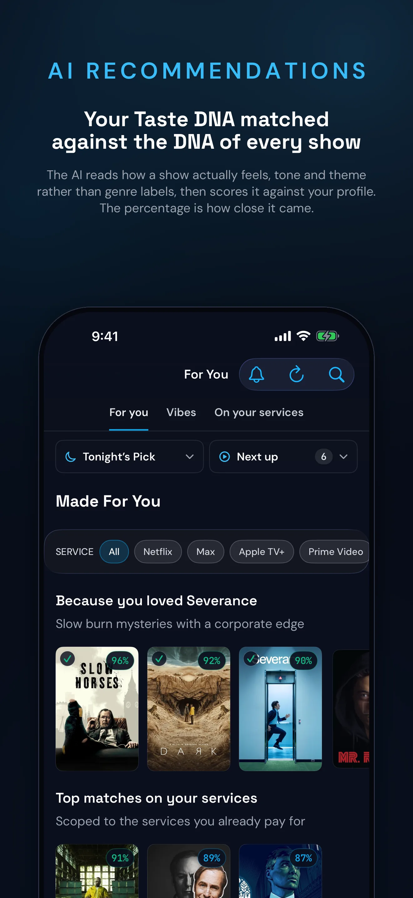 BingeWise recommendations matched to Taste DNA on iPhone
