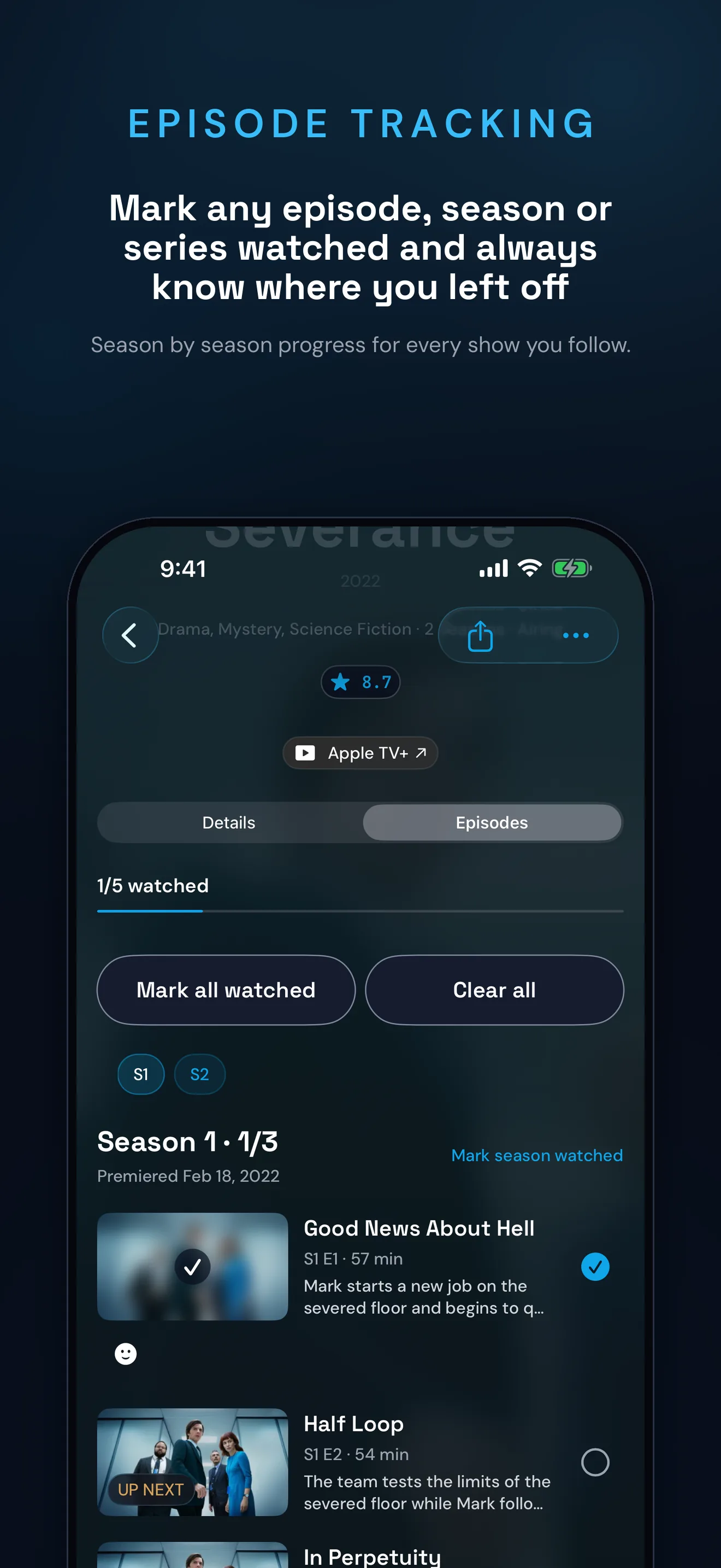BingeWise episode tracking and next episode progress on iPhone