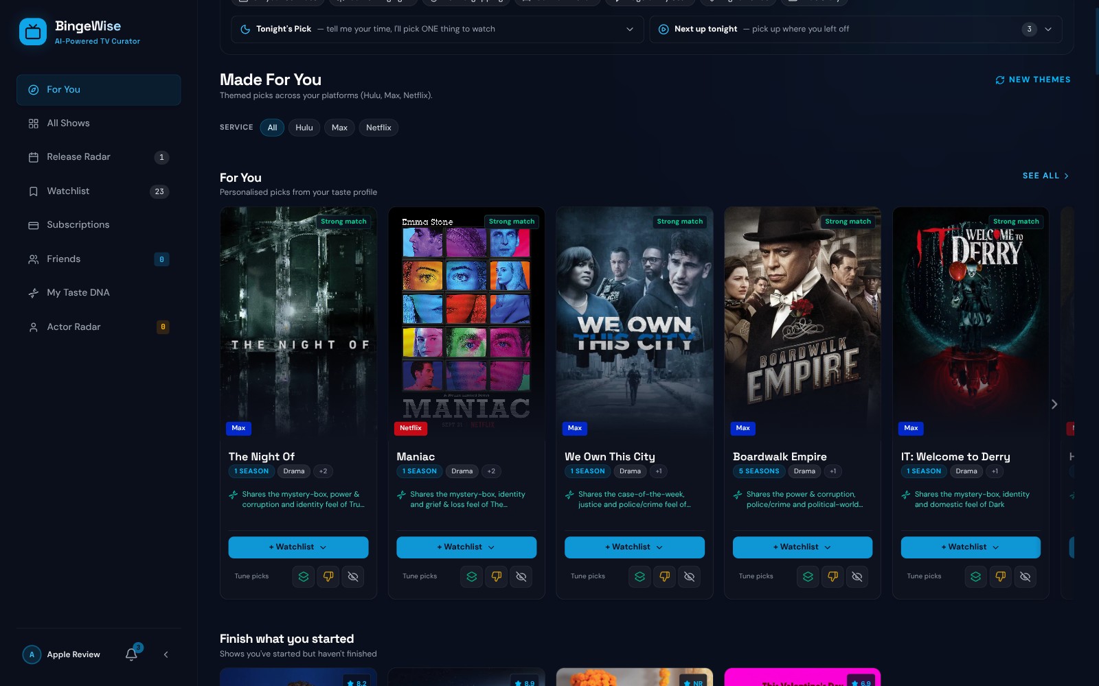 BingeWise For You page: themed recommendation rows with match badges and the taste connection behind each pick