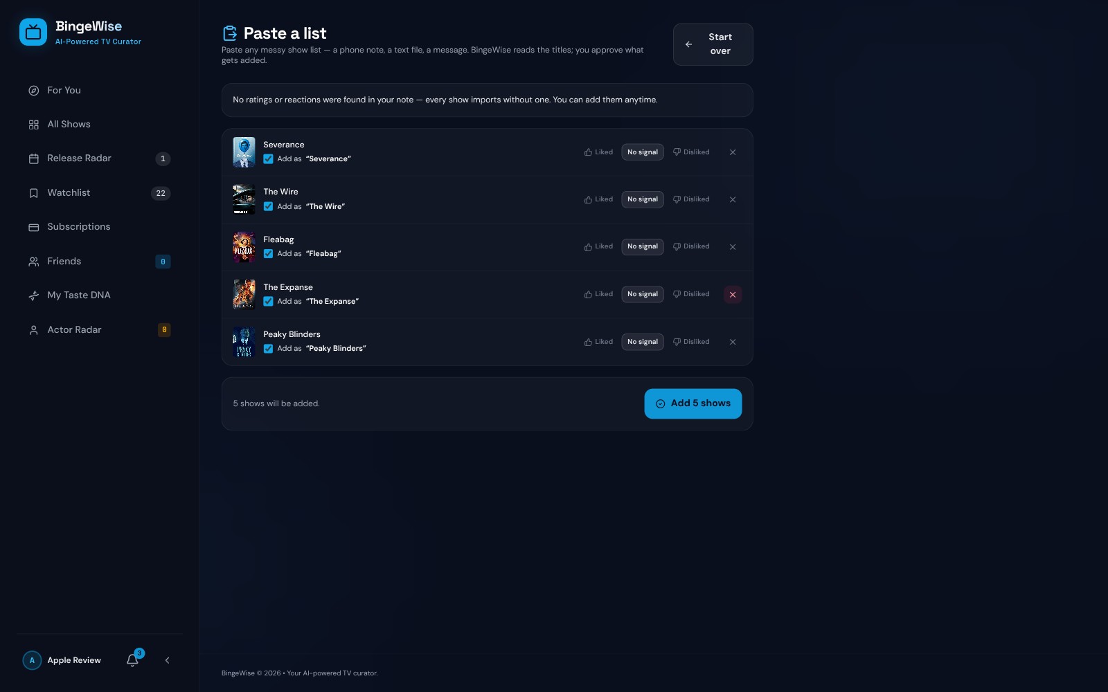 Paste a list import: titles read from a note with a reviewable match preview before anything is added