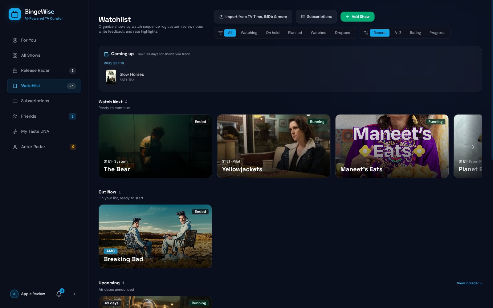 Watchlist: episode-level progress with what to watch next, out now, and upcoming sections